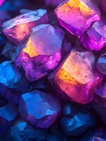 Vibrant raw crystal clusters in purple, blue and orange glowing with ethereal light, macro photography showing detailed mineral texture and translucent surfaces.