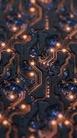 Close-up of illuminated circuit board with copper pathways and glowing components, showcasing electronic technology and data processing for tech, innovation, and computing concepts.
