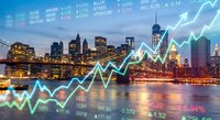 Financial growth concept with glowing stock market charts overlaying illuminated city skyline at dusk reflecting economic prosperity and investment success.