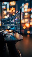 Curved monitor displaying financial charts, stock market data, and trading analytics with colorful graphs and candlestick patterns in modern office workspace for investment analysis and business intelligence.