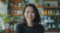Young Asian woman with long dark hair wearing black sweater smiling warmly at camera in cozy kitchen setting with blurred shelves and plants in background.