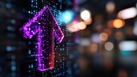 Glowing digital arrow points upward against matrix-style data stream background with blurred city lights and bokeh effects creating futuristic financial growth concept.