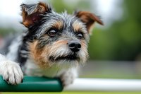 Close-up portrait of a terrier mix dog with expressive eyes and scruffy fur, resting paws on green surface against blurred natural background.