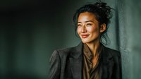 Professional Asian businesswoman in gray suit smiling confidently in modern office setting with dramatic lighting for corporate and career success concepts.