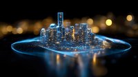 Futuristic glowing city skyline with modern skyscrapers on illuminated platform against dark background with bokeh lights. Digital art concept for smart cities.