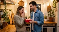 Young man giving surprise gift to excited woman in cozy modern kitchen with warm lighting and plants creating romantic atmosphere for special occasion.