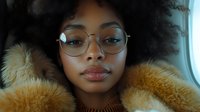 Young African American woman with natural curly afro hair wearing round glasses and faux fur coat looking at camera with gentle smile, beauty portrait in soft lighting.
