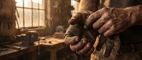 Skilled craftsman hands holding traditional woodworking tools in rustic workshop with warm sunlight streaming through window creating authentic artisan atmosphere.