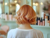 Blonde woman with short wavy bob haircut shown from behind in beauty salon. Soft bokeh lights and styling products create professional atmosphere. For hair and beauty advertising.