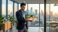 Young male professional, Caucasian appearance, wearing dark blazer and light shirt, holding architectural model of residential buildings in modern high-rise office with floor-to-ceiling windows overlooking city skyline at sunset, suitable for real estate, property development, and business concepts.