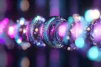 Glowing spiral DNA molecule structure with purple and blue bokeh lights on dark background, scientific concept for genetic research and biotechnology.