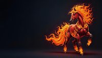 Majestic fire horse rearing with blazing orange flames as mane and tail on dark background for fantasy art projects and mythical creature designs.