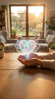 Hands holding glowing holographic icons representing mental health, wellness and balance in cozy home interior with warm sunlight streaming through window.