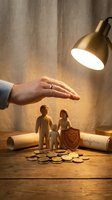 Protective hand over wooden family figures with shield and coins on desk under warm lamp light symbolizing life insurance and financial security planning.