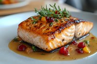 Grilled salmon fillet with fresh herbs, served in savory sauce with cranberries and diced vegetables on white plate.