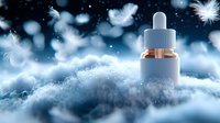 Cosmetic dropper bottle on dreamy cloud background with floating white feathers and bokeh lights. Luxury skincare product photography for beauty advertising.