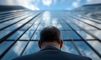 Back view of mature Asian businessman looking up at modern glass skyscraper against blue sky with sunlight, representing corporate success and ambition.