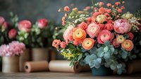Fresh spring bouquet with pink ranunculus, coral roses and eucalyptus leaves in vintage ceramic vase on wooden table with craft paper rolls in background.