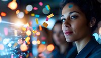 Young African American businesswoman with confident smile amid colorful bokeh lights and falling confetti, celebrating success in corporate environment.