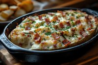 Creamy potato gratin with crispy bacon bits and fresh herbs served in cast iron skillet, topped with melted cheese and garnished with chopped parsley.