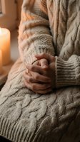 Pregnant woman in beige cable-knit sweater cradling belly with hands, warm candlelight creating intimate maternity moment for prenatal, motherhood, and expectancy themes.
