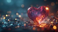 Glowing red heart with galaxy texture on dark background with bokeh lights and sparkles. Romantic cosmic love concept for Valentine's day designs.