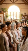 Diverse group of women of various ages and ethnicities standing together in a bright, sunlit interior space with arched windows, wooden beams, plants, and bookshelves, representing community, unity, and togetherness.