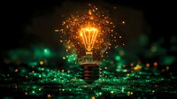 Glowing light bulb with magical sparks and particles against dark background with green bokeh lights creating mystical atmosphere for creative concepts.