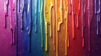 Vibrant rainbow paint drips flowing downward creating colorful liquid streams with glossy wet texture and droplets on dark background.