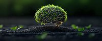 Brain shaped tree growing from dark soil with green leaves and sprouts, symbolizing mental growth, psychology and mindfulness concept on black background.