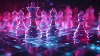 Glass chess pieces on glowing digital chessboard with neon pink and blue lighting effects, creating futuristic gaming atmosphere and strategic concept.
