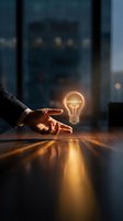 Businessman hand hovering over glowing neon lightbulb with innovation text on wooden desk, modern office background. Concept for creative ideas, business solutions, and entrepreneurship.