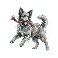 Happy dog with curly coat playing with colorful rope toy, isolated on white background. Cheerful pet illustration for greeting cards, t-shirt designs and children's products.