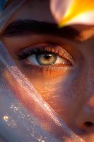 Close-up of green eye with shimmering copper makeup and translucent veil creating mystical lighting effect, framed by natural dark eyebrow and long lashes.