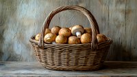 Fresh walnuts and mushrooms in wicker basket on rustic wooden table. Natural organic harvest food ingredients for healthy cooking and nutrition.