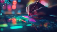 Hand holding stylus over colorful digital screen with vibrant neon bokeh lights, creating dynamic financial chart analysis in dark environment with glowing data visualization.
