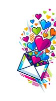Colorful hearts bursting from open envelope with geometric patterns on white background for Valentine's Day cards, love messages and romantic designs.