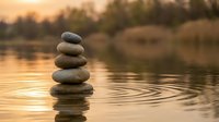 Balanced stone stack creating ripples on calm water surface during golden hour sunset, symbolizing zen meditation, mindfulness and inner peace in nature.