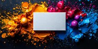 Blank white card mockup with vibrant paint splash background in orange, pink and blue colors. Creative artistic composition on dark surface. Dynamic color explosion.