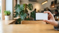 Hand holding blank white business card on wooden table with potted plants and blurred office interior background for branding mockup.
