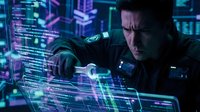Focused male programmer analyzing complex code on holographic displays in futuristic cyberpunk environment with neon lighting and digital interfaces.