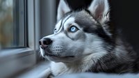 Siberian husky with striking blue eyes gazes thoughtfully through window, close-up portrait showing distinctive gray and white fur markings in soft natural lighting.