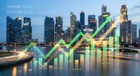Modern city skyline at dusk with glowing green financial growth chart overlay showing upward trending arrows and bar graphs representing economic success.