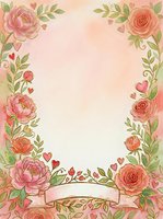 Watercolor floral frame with pink and coral roses, green foliage, and hearts on cream background. Isolated design ready for invitations, greeting cards, and wedding stationery projects.