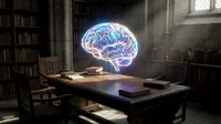 A glowing neon brain hovers above a wooden desk in a library setting, surrounded by bookshelves and study materials, symbolizing intelligence, learning, and creative thinking for educational and professional concepts.