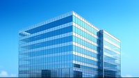Modern glass office building with reflective blue windows and geometric facade against clear sky, showcasing contemporary corporate architecture and urban development.