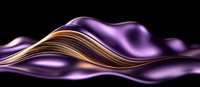 Elegant flowing curves in purple and gold create abstract luxury waves against dark background, suitable for high-end product presentations and luxury branding designs.