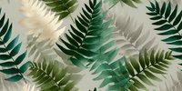 Overlapping fern leaves in various shades of green, teal, and cream creating a natural botanical pattern on light background.
