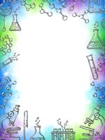 Colorful watercolor chemistry laboratory frame with scientific equipment, molecular structures, test tubes, microscopes and beakers on white background.