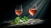Two elegant wine glasses filled with rosé wine on dark marble surface with fresh grape leaves and dramatic lighting for luxury dining and celebration.